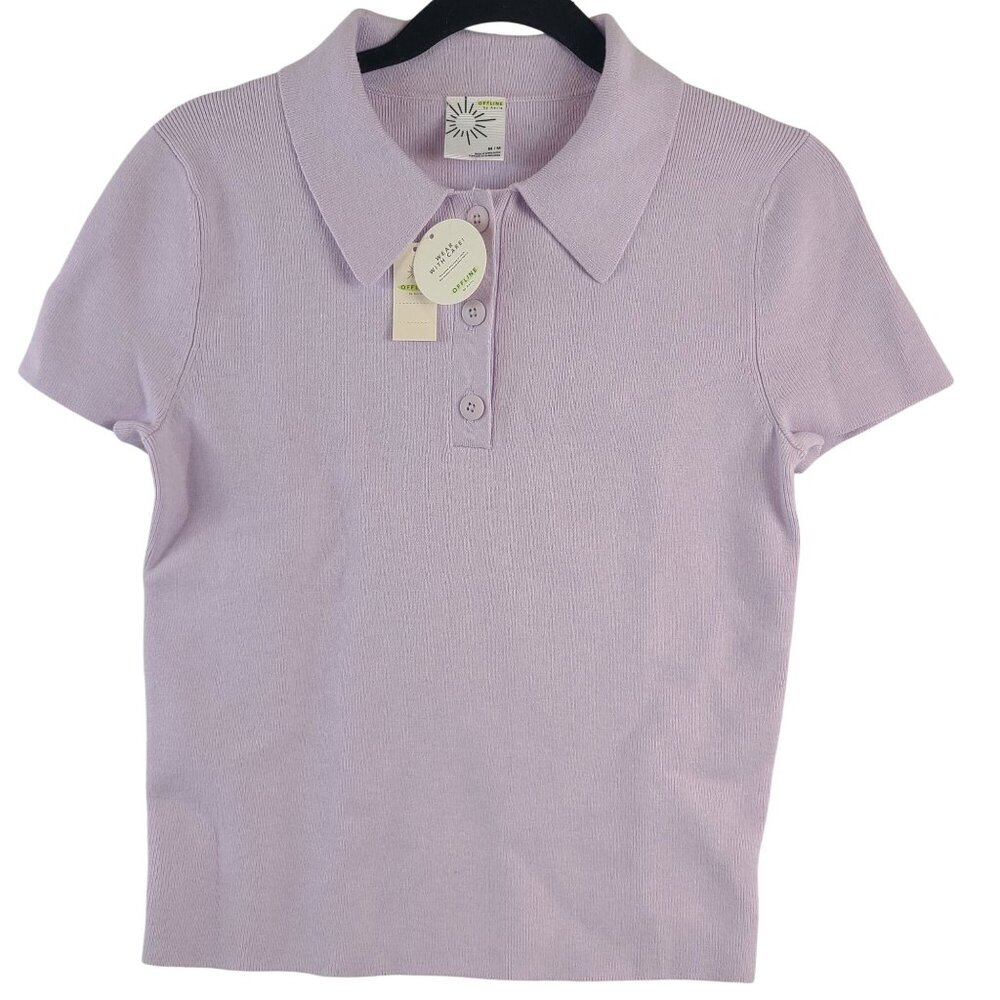 NWT Offline By Aerie Womens Lilac Collared Short-Sleeve Knit Polo Shirt Sz M
